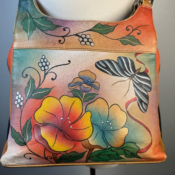 ANUSCHKA Shoulder Bag Satchel Leather Hand-Painted Butterfly Floral Signature - Picture 3 of 16